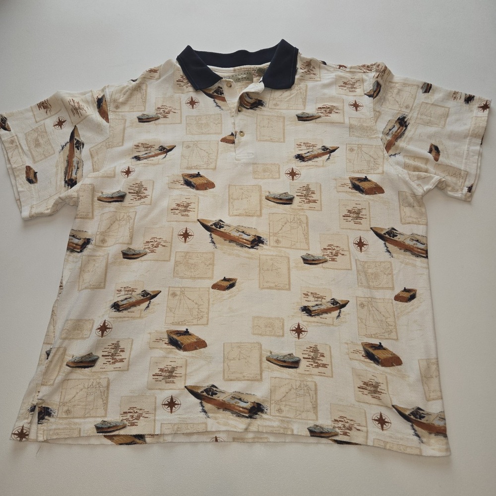 Vintage Natural Issue Polo Shirt XL XLT Nautical Boat Compass Map Print 90s Knit
